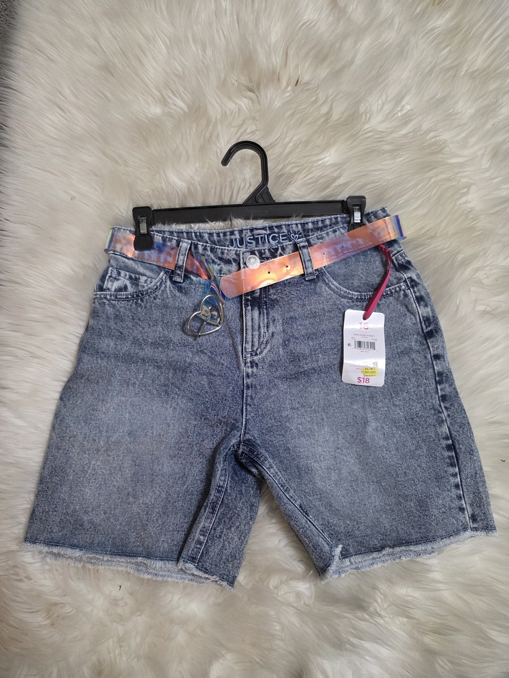 Justice Girls' Denim Bermuda Shorts with Iridescent Belt - Blue